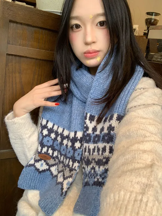 复古费尔岛含羊毛围巾女秋冬季驼色百搭氛围感窄版学院风保暖围脖