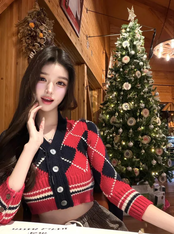 2026年秋冬新款韩系复古学院风撞色菱格纹毛衣开衫配显瘦半身裙女