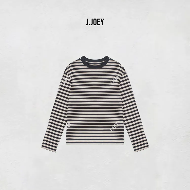 J.JOEY 经典宽松圆领简约百搭灰黑条纹长袖T恤 0919