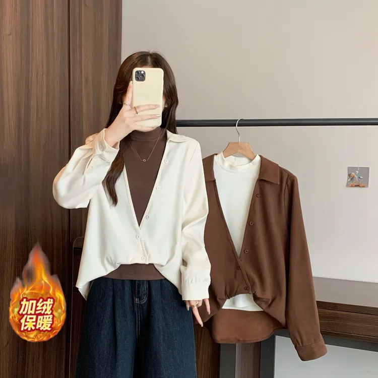 大码磨毛加绒内搭背心复古宽松衬衫两件套2025秋冬别致上衣80608