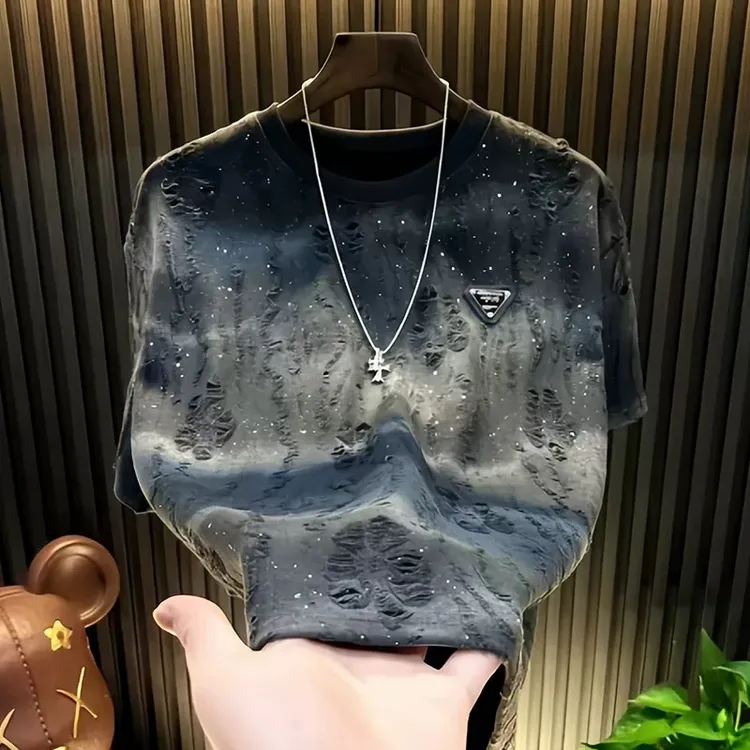 夏季新款轻奢高品质男士满天星短袖T恤潮流渐变破洞圆领上衣