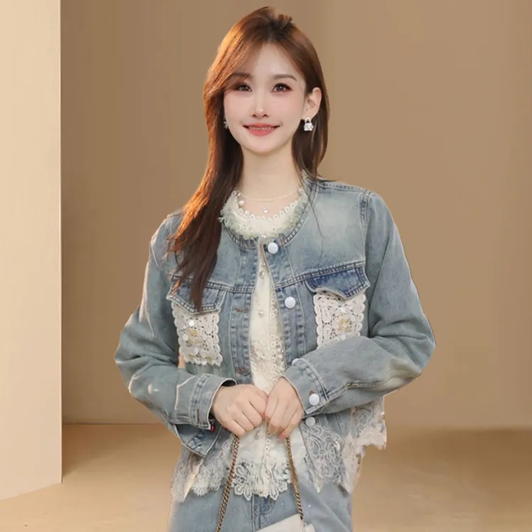 高含棉设计感撞色牛仔短外套女2025春秋新款百搭拼接蕾丝花边上衣