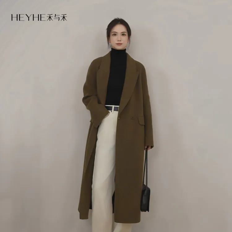 小禾【春泥】山羊绒绵羊毛经典西装领丝滑垂坠优雅有型长款羊绒大衣