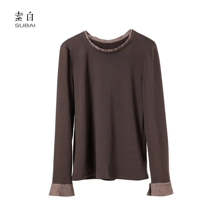 素白马乖【卡布奇诺】T01783拼接打底衫柔软亲肤舒适百搭上衣