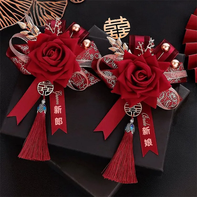 新款潮高档高级新郎新娘结婚胸花家人全套中式玫瑰花迎宾双方父母