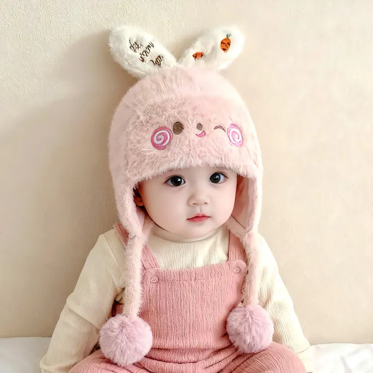 宝宝帽子秋冬季可爱超萌毛绒帽婴儿卡通女童护耳儿童针织帽保暖厚