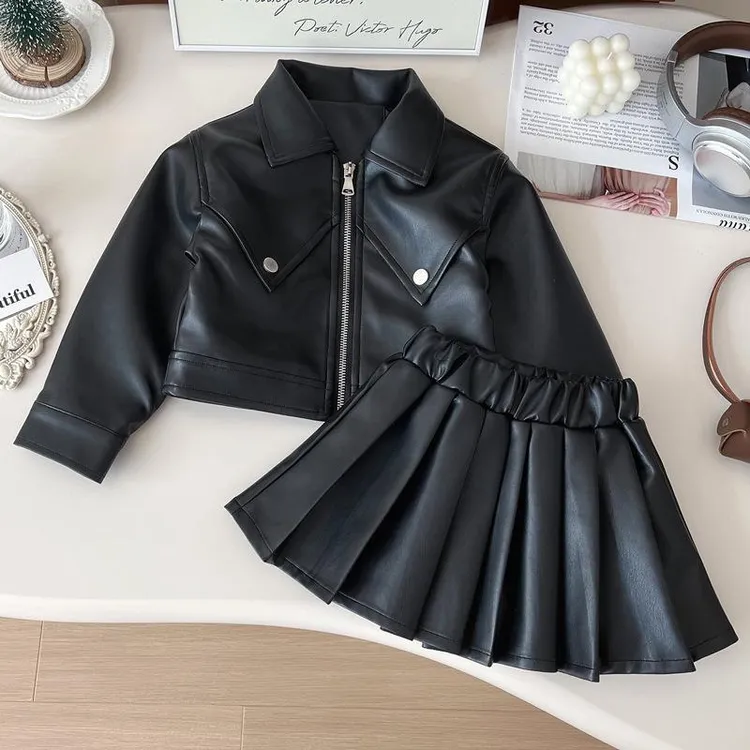 女童秋季pu皮套装小女孩韩版时髦机车服儿童皮衣外套百褶裙两件套