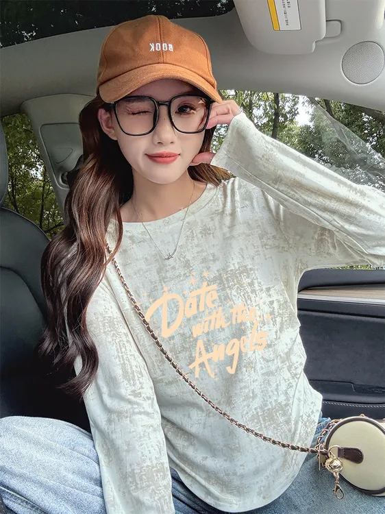 美式复古扎染长袖T恤女早秋韩版卡通减龄百搭褶皱收腰显瘦上衣ins