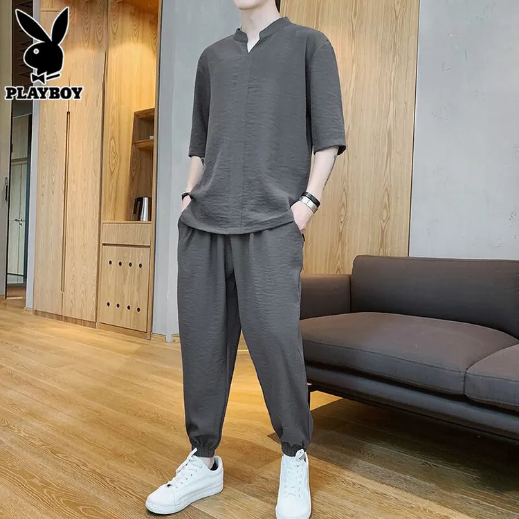 花花公子亚麻短袖休闲套装男士夏季潮流搭配帅气冰丝运动服男一套
