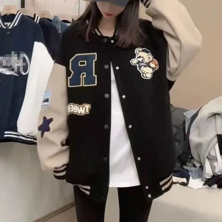 潮流复古风宽松印花百搭机车棒球服女装早秋2024新款韩版夹克外套