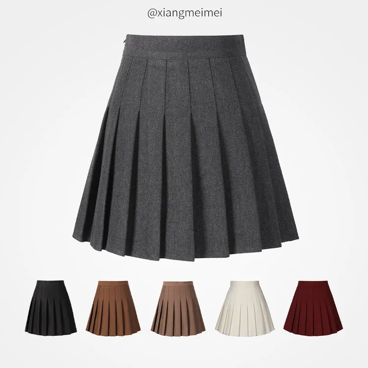 毛呢百褶裙半身裙短裙女秋冬2025新款棕色高腰防走光毛呢a字裙
