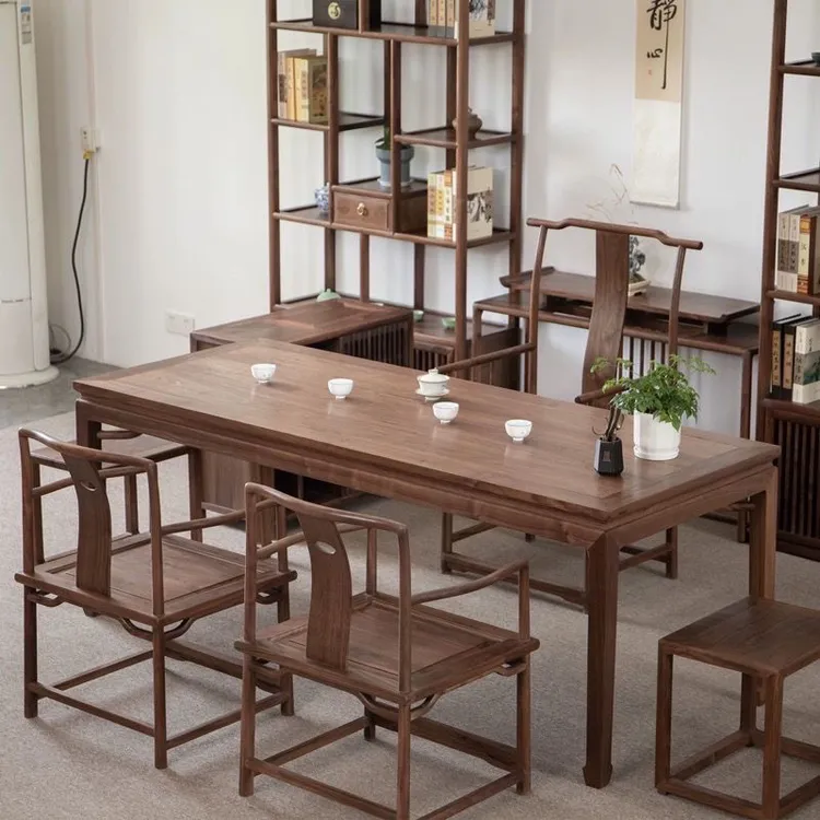 老榆木新中式卯榫餐桌茶桌办公桌简约马蹄桌家具家用