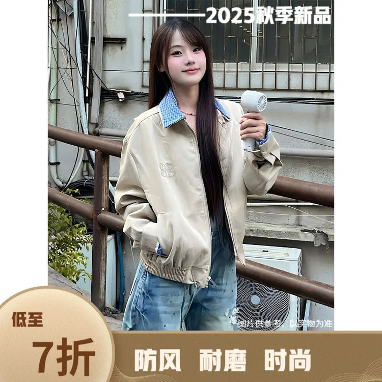 美式复古休闲简约男女同款情侣休闲2025秋季外穿可爱立领夹克外套