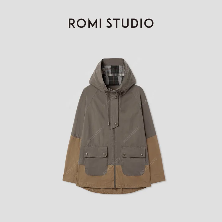 ROMI STUDIO“英式复古”长绒棉撞色拼接做旧连帽外套 RWCAWY5105