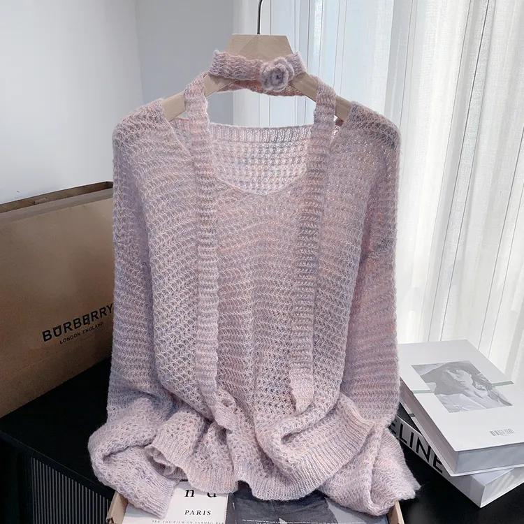 2025新款慵懒风紫色针织衫女秋季宽松氛围感小众设计别致毛衣上衣