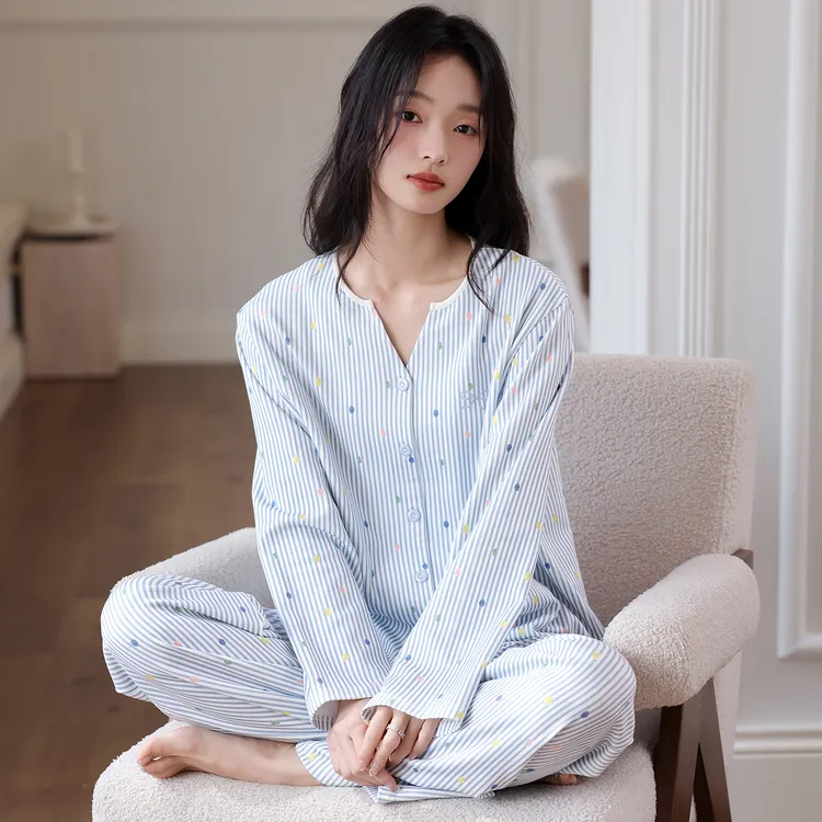 帕兰朵家居服睡衣女秋冬款2025新款带胸垫女士纯棉长袖可外穿睡衣