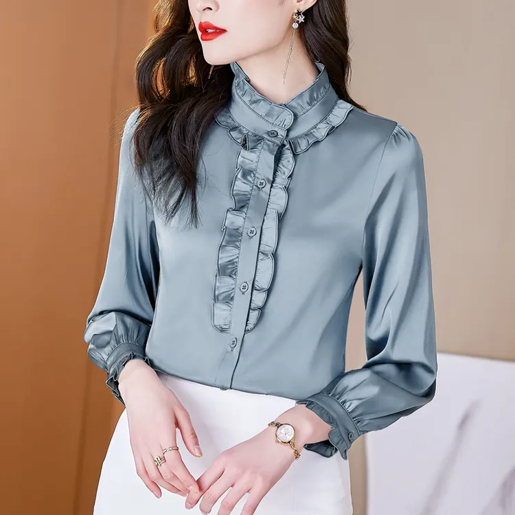 2025春秋款长袖衬衫女设计感小众高级冬季内搭衬衣木耳边立领上衣
