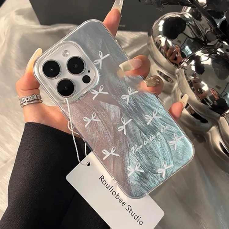 蓝小蝴蝶结羽纱壳适用苹果15pro手机壳16pro防摔14pro可爱12pro13