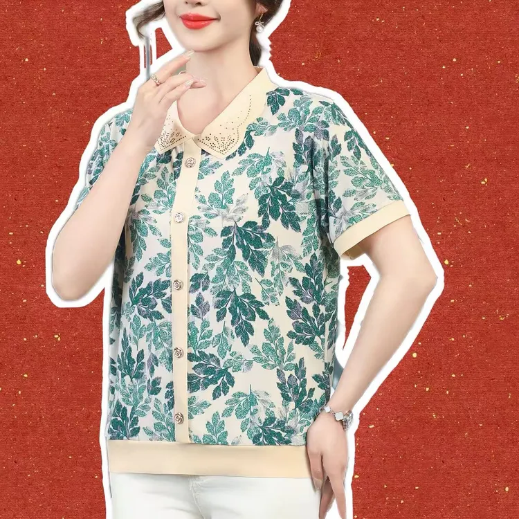 【挚爱母亲】洋气冰丝翻领烫钻中老年女装短袖纽扣T恤独家款小衫