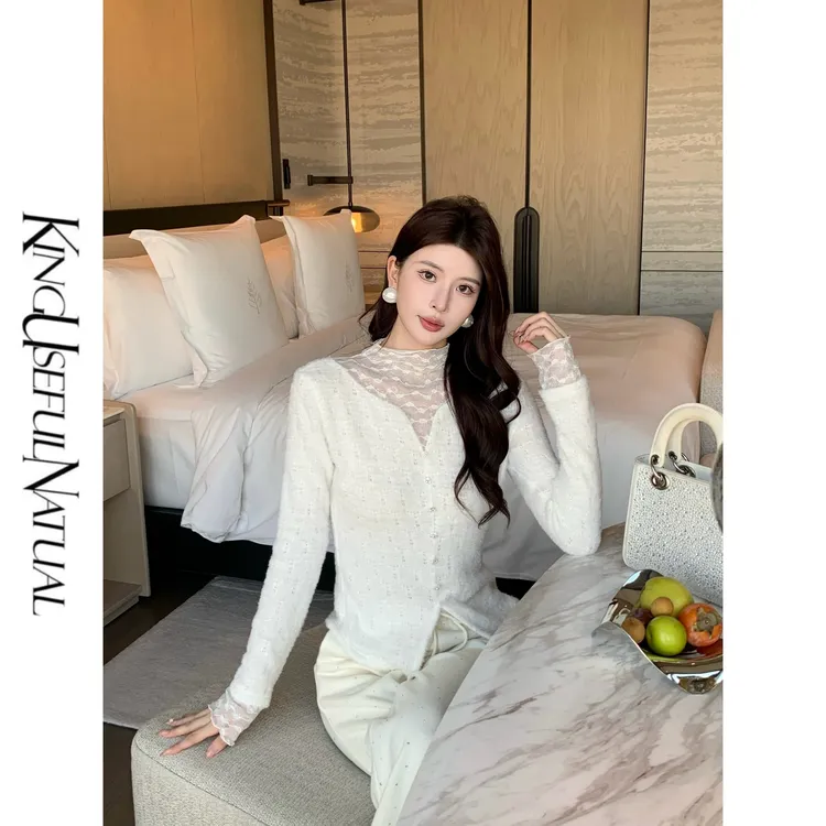KUN【雪花泪】亮眼拼接 毛绒高弹针织拼接亮丝蕾丝亲肤内搭高贵上衣