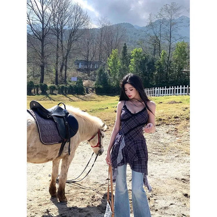 【流光梦境】纯欲辣妹黑色花边拼接飘逸吊带连衣裙女高腰微喇牛仔裤