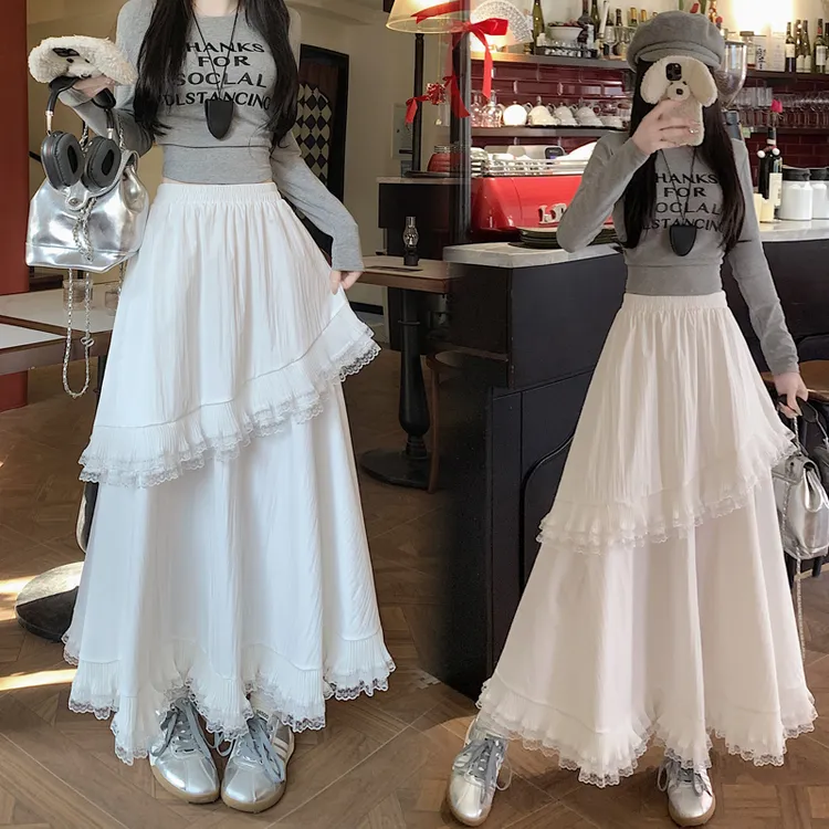 2025春夏新款显瘦百搭韩版重工长裙半裙百搭高腰裙白色A字裙子