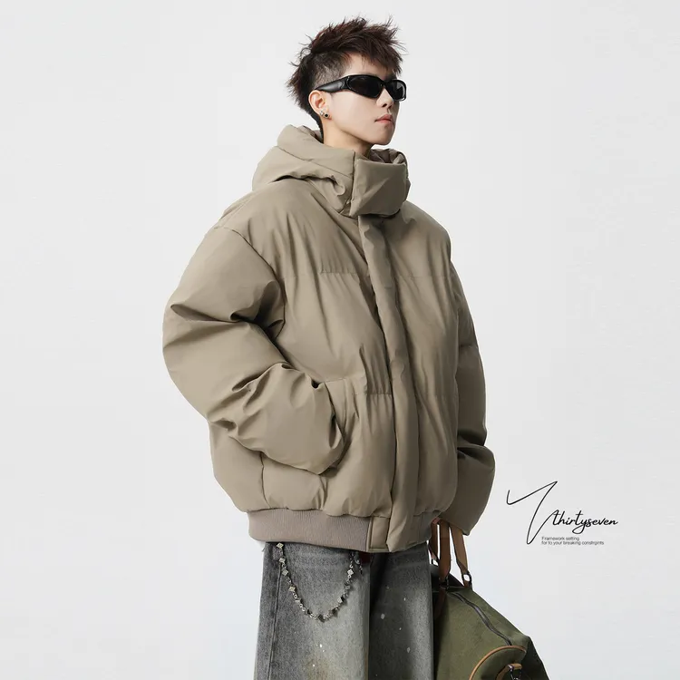 V37美式高领连帽PU皮棉服男冬季潮牌加厚廓形面包服保暖棉衣外套
