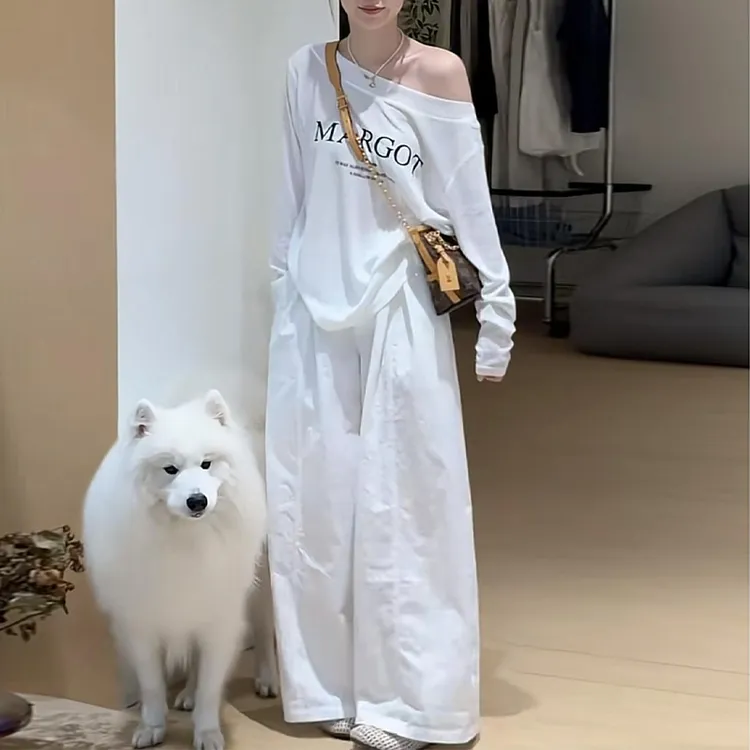 夏季流行一整套女装2025新款印花斜肩长袖T恤休闲阔腿裤两件套装