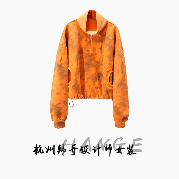 【韩哥女装】2025秋冬新品《果橙》爱玛橙蝴蝶水墨印染卫衣6185-K1
