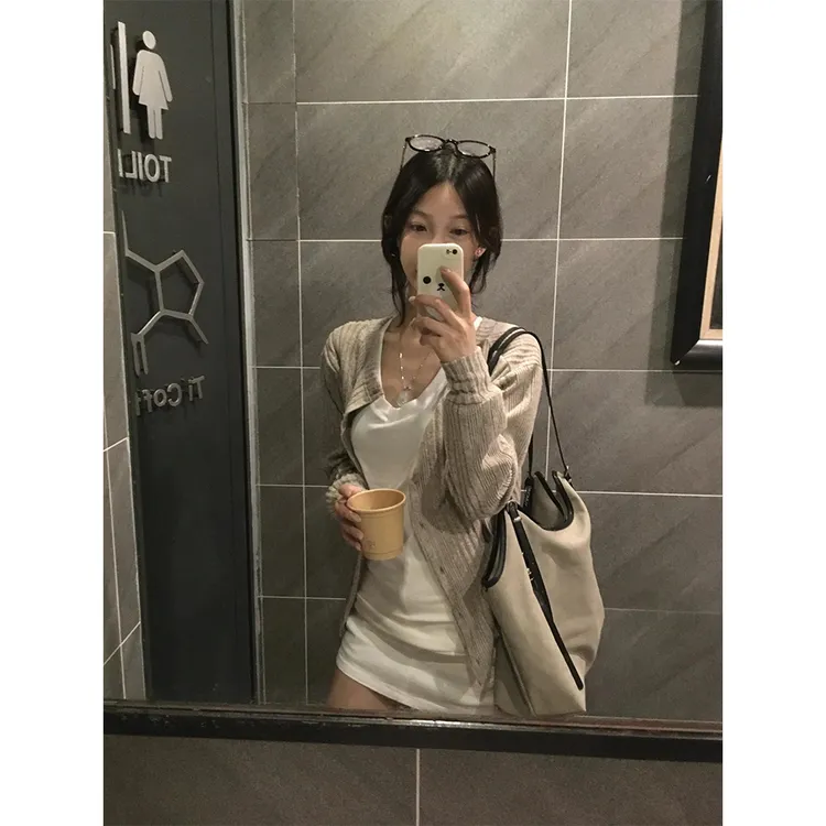 中长款V领小飞袖T恤短袖上衣+长袖针织开衫22107#