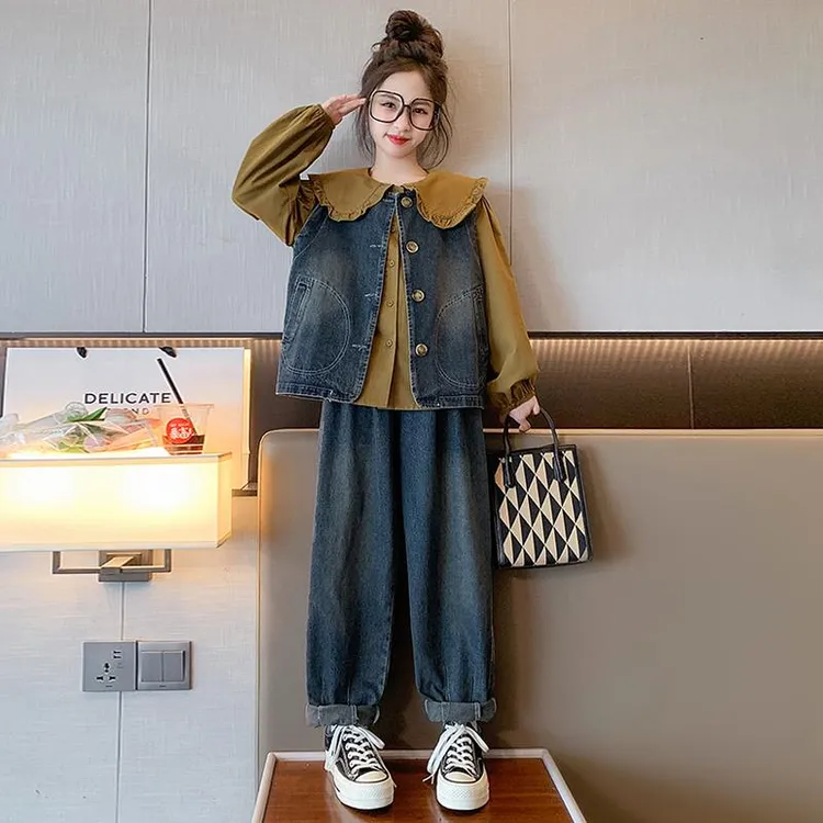 女大童秋装休闲套装2025新款韩版时髦洋气网红女孩春秋牛仔三件套
