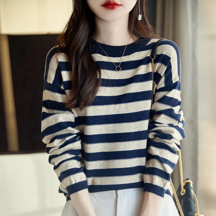 反季清仓！90-190斤圆领条纹保暖时尚宽松大码针织打底衫