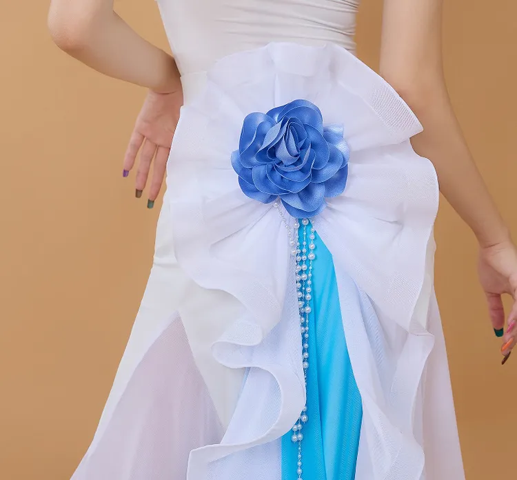 喵舞摩登半裙新款大摆鱼骨花朵珍珠表演服练功服撞色活泼高级时尚