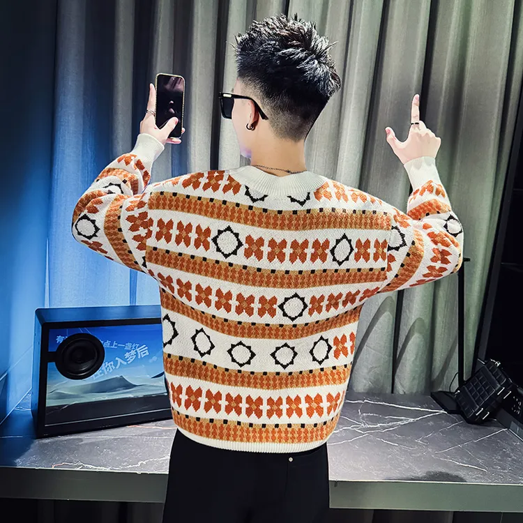 撞色提花毛衣男潮牌针织衫秋冬季内搭线衣2025新款痞帅潮流打底衫