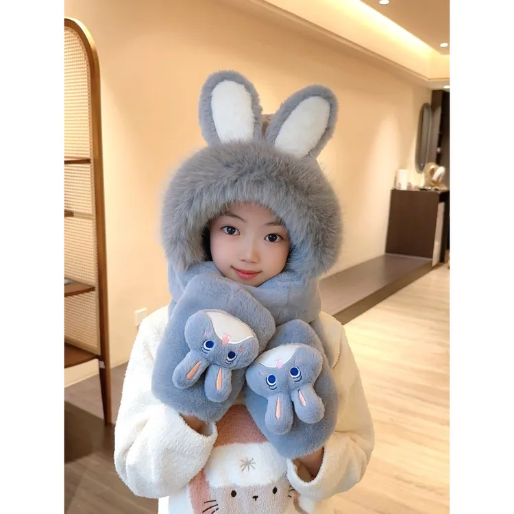 儿童冬季加厚加绒防风保暖护耳一体毛绒帽围巾三件套男女童通用