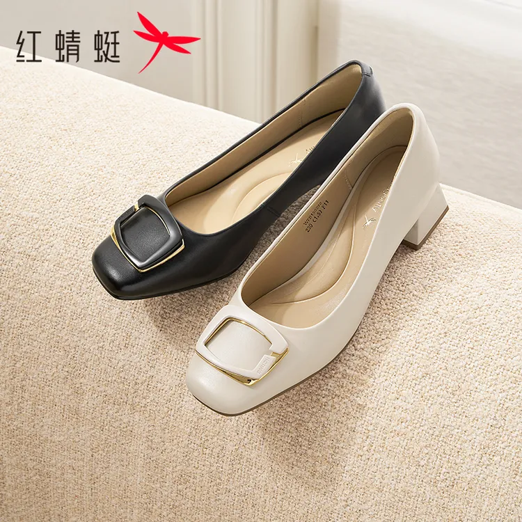 红蜻蜓粗跟单鞋女2025新款女鞋皮鞋气质高跟鞋婚宴洋气泡芙妈妈鞋