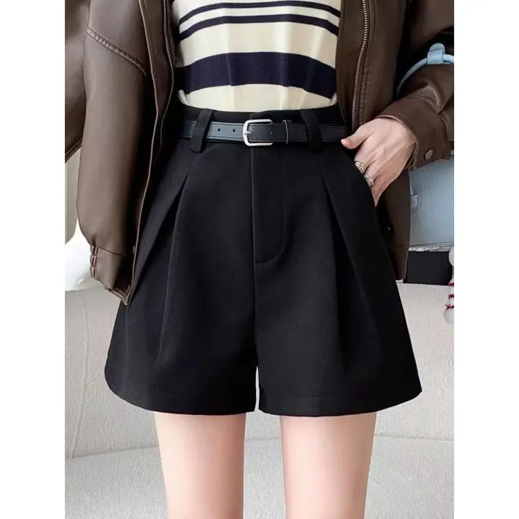 毛呢秋冬新款黑色五分短裤高腰阔腿裤腰带外穿显瘦爆款短裤女口袋