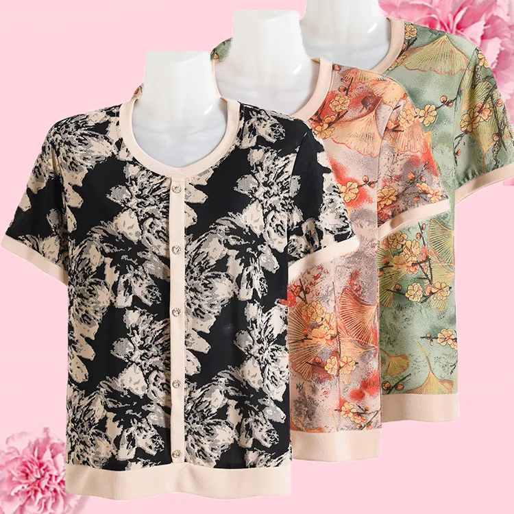 冰丝半袖圆领短袖简约通勤简约T恤中老年时尚洋气印花女士百搭