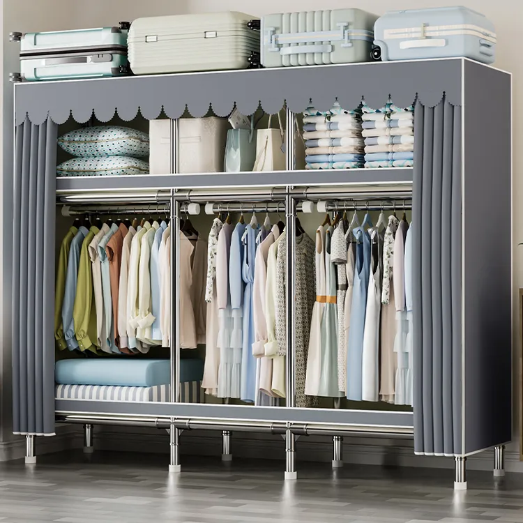 衣柜家用卧室简易布衣柜出租房专用全钢架结实耐用防尘收纳挂衣橱