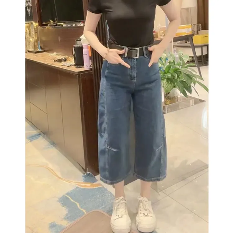大码高腰八分直筒牛仔裤女2025年夏季新款小个子显瘦阔腿奶奶裤