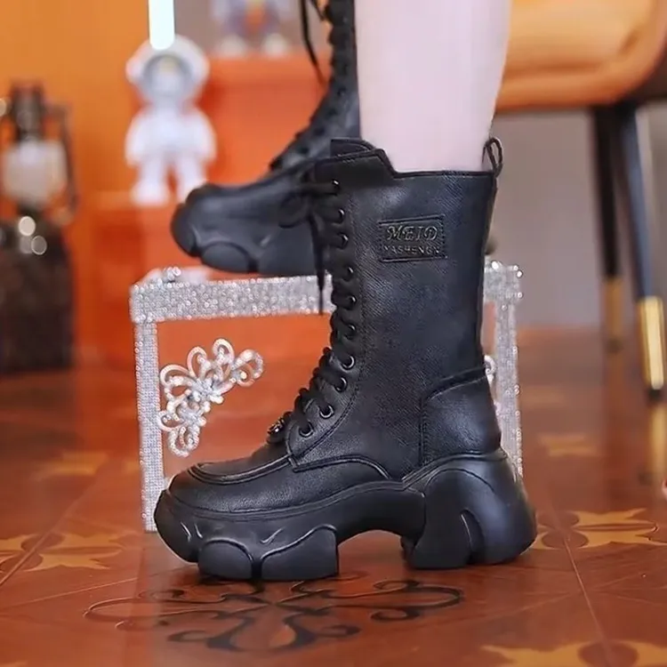真皮厚底马丁靴女2025新款秋冬时尚中筒增高靴软底轻便加绒棉靴