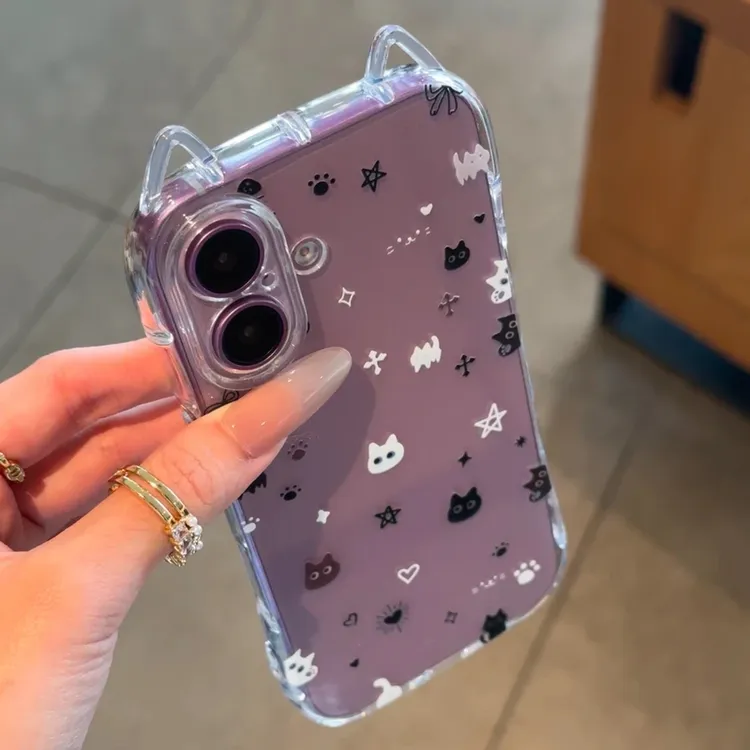 黑白小猫咪适用苹果16pro手机壳iPhone15小蛮腰14/13软ins猫耳朵