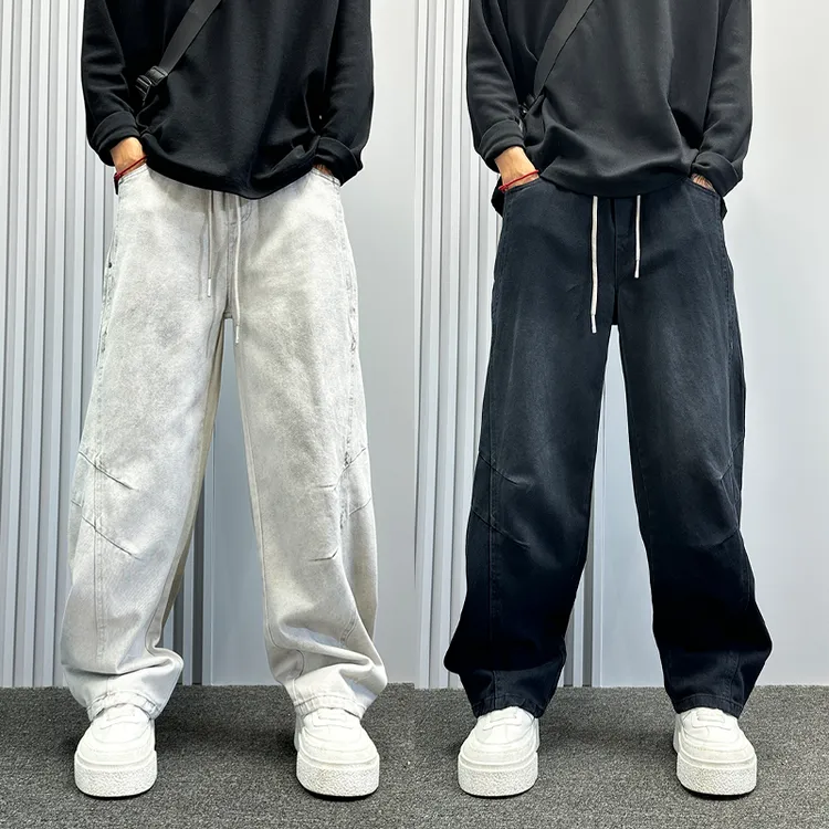 美式复古扎染弯刀牛仔裤男宽松直筒阔腿镰刀裤潮牌高街脏脏休闲裤