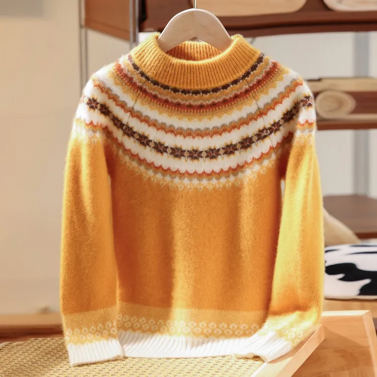 费尔岛提花儿童100%羊毛衫提花复古半高圆领针织衫时尚打底衫提花