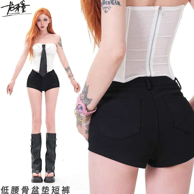 龙牙童推荐【骨盆垫短裤】弧形带垫辣妹时尚显瘦低腰性感黑色包臀