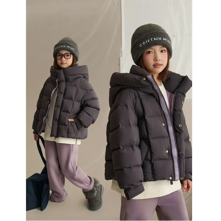 【烟熏紫】女童撞色连帽羽绒服亲子装立领保暖外套汉服8540D