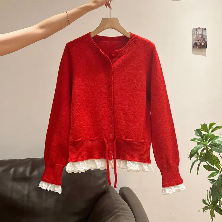 红色抽绳假两件长袖针织衫女秋季新款圣诞节氛围感甜美风穿搭上衣