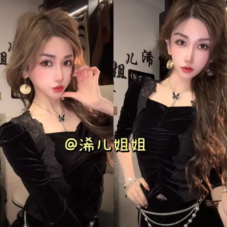 方领蕾丝丝绒上衣