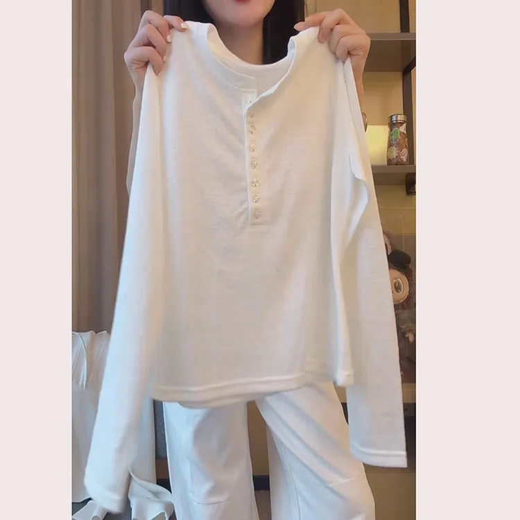 新款柔软舒适半排扣设计T恤简约百搭圆领长袖LK2506751