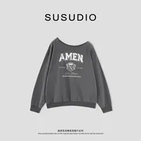 SUSUDIO 100棉 复古做旧印花字母宽松休闲斜肩长袖T恤 10663